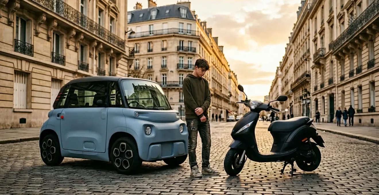 Scène comparative montrant une Citroën Ami et un scooter dans un environnement urbain français sécurisé