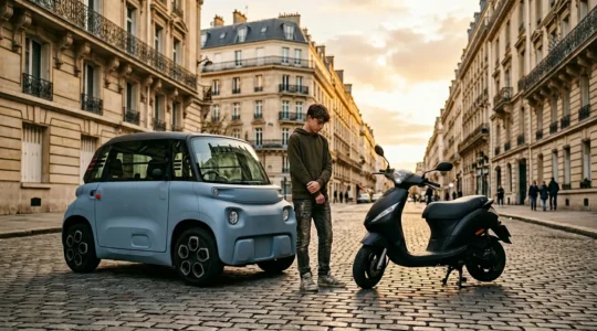 Scène comparative montrant une Citroën Ami et un scooter dans un environnement urbain français sécurisé