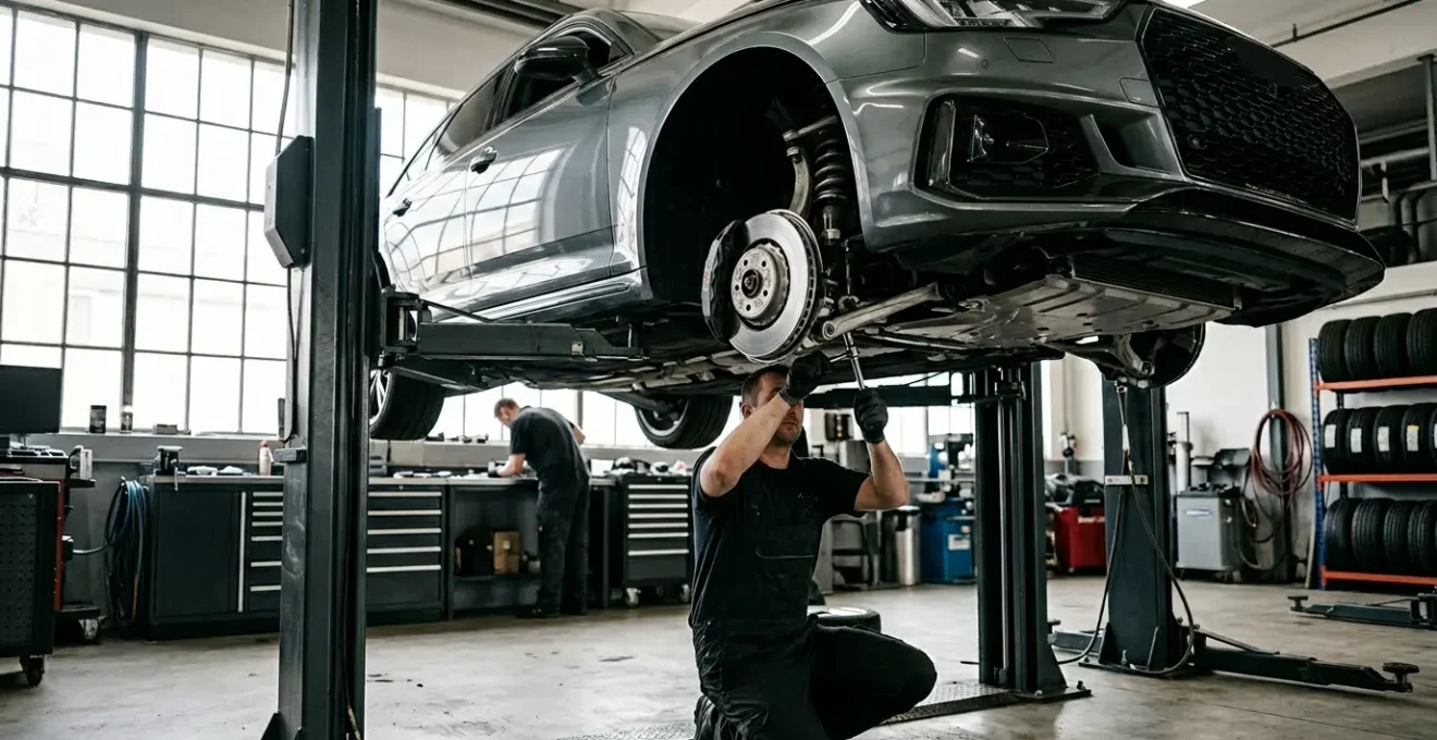 Une Audi RS4 break surélevée sur un pont dans un atelier de maintenance premium, lumière naturelle éclairant le train avant