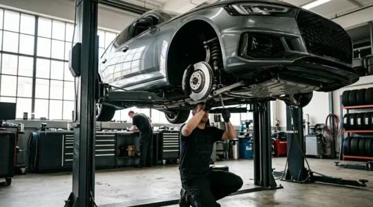 Une Audi RS4 break surélevée sur un pont dans un atelier de maintenance premium, lumière naturelle éclairant le train avant