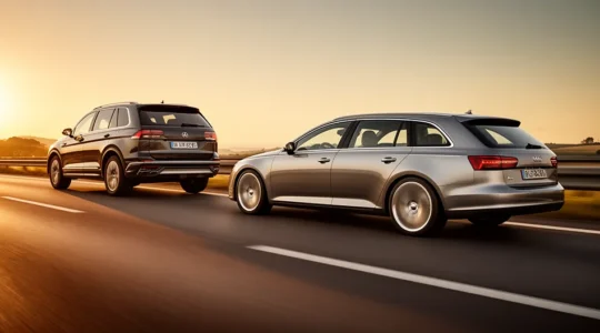 Un break sportswagon et un SUV circulant côte à côte sur une autoroute française, montrant leurs différences de hauteur et de profil aérodynamique