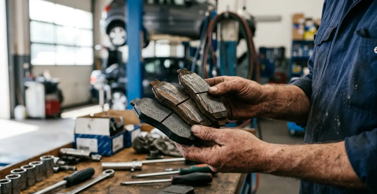 Mécanicien examinant des plaquettes de frein dans un garage professionnel