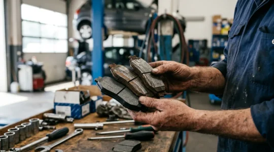 Mécanicien examinant des plaquettes de frein dans un garage professionnel