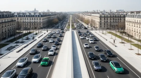 Vue d'ensemble d'une ville française avec zones de circulation différenciées et véhicules modernes
