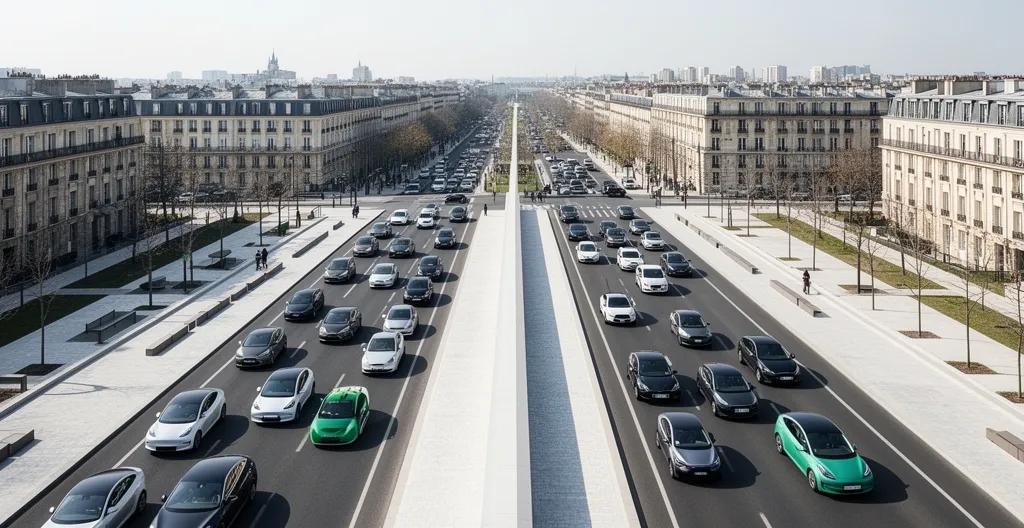 Vue d'ensemble d'une ville française avec zones de circulation différenciées et véhicules modernes
