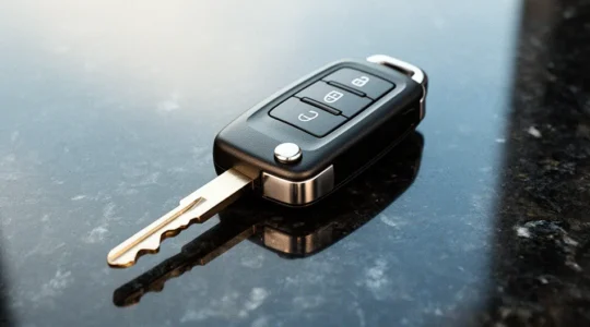 Clé de voiture unique posée sur une surface avec reflets et ombres douces évoquant le risque et l'incertitude