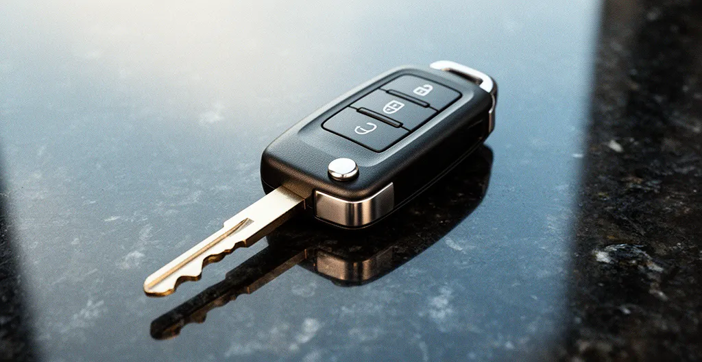 Clé de voiture unique posée sur une surface avec reflets et ombres douces évoquant le risque et l'incertitude