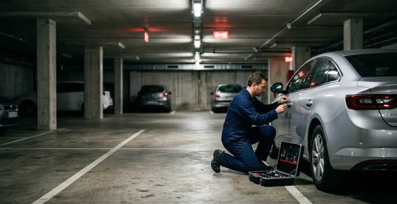 Serrurier automobile intervenant sur une voiture dans un parking souterrain éclairé