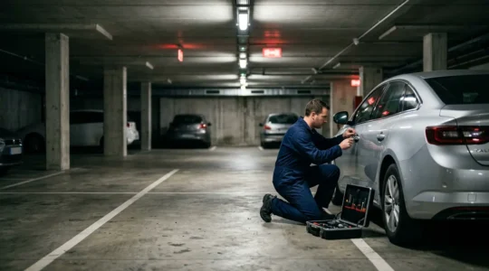 Serrurier automobile intervenant sur une voiture dans un parking souterrain éclairé