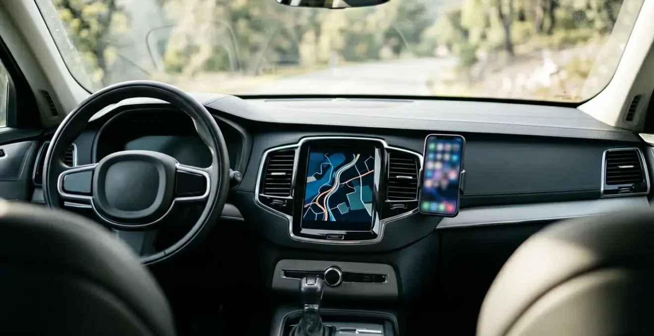 Tableau de bord moderne avec écran de navigation intégré montrant une carte et un smartphone posé sur le support