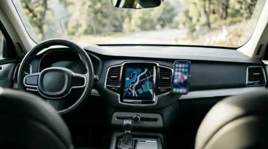 Tableau de bord moderne avec écran de navigation intégré montrant une carte et un smartphone posé sur le support