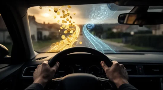 Conducteur dans sa voiture face à un dilemme entre économies et vie privée