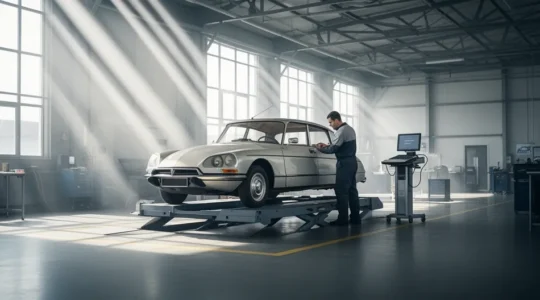 Inspection technique d'une voiture ancienne dans un centre de contrôle avec équipements modernes