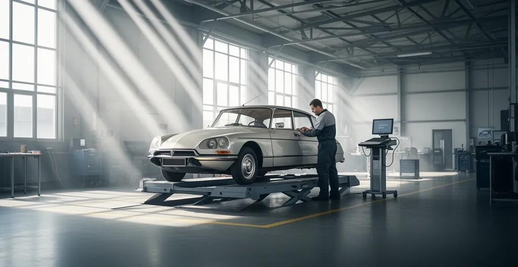 Inspection technique d'une voiture ancienne dans un centre de contrôle avec équipements modernes