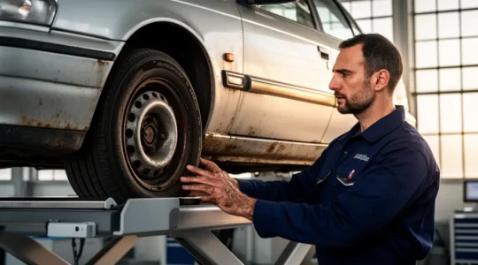 Garagiste inspectant minutieusement le moteur diesel d'une voiture de plus de 10 ans dans un centre de contrôle technique français