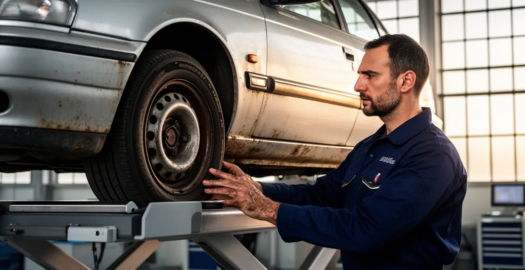 Garagiste inspectant minutieusement le moteur diesel d'une voiture de plus de 10 ans dans un centre de contrôle technique français