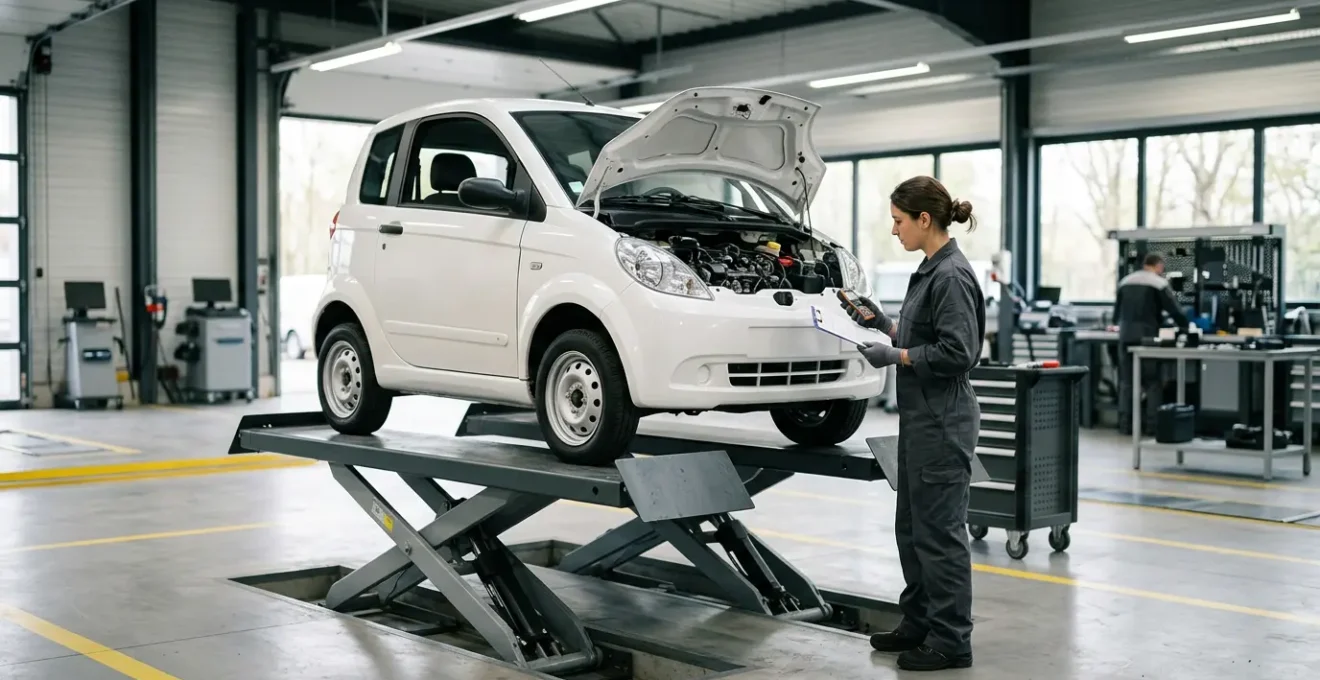 Vue d'ensemble d'un quadricycle léger en cours d'inspection technique dans un centre de contrôle agréé en France
