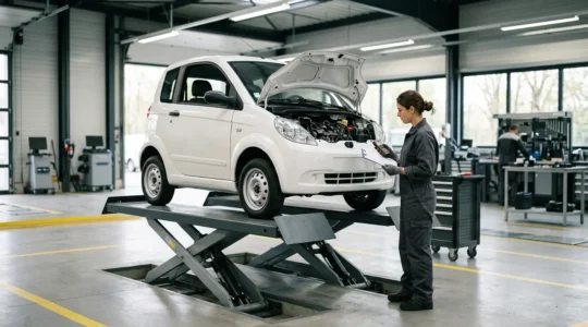 Vue d'ensemble d'un quadricycle léger en cours d'inspection technique dans un centre de contrôle agréé en France