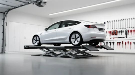 Vue d'ensemble d'une Tesla Model 3 dans un garage moderne français avec outils d'entretien