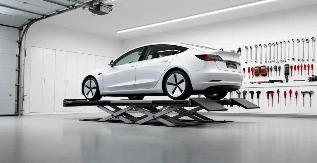 Vue d'ensemble d'une Tesla Model 3 dans un garage moderne français avec outils d'entretien
