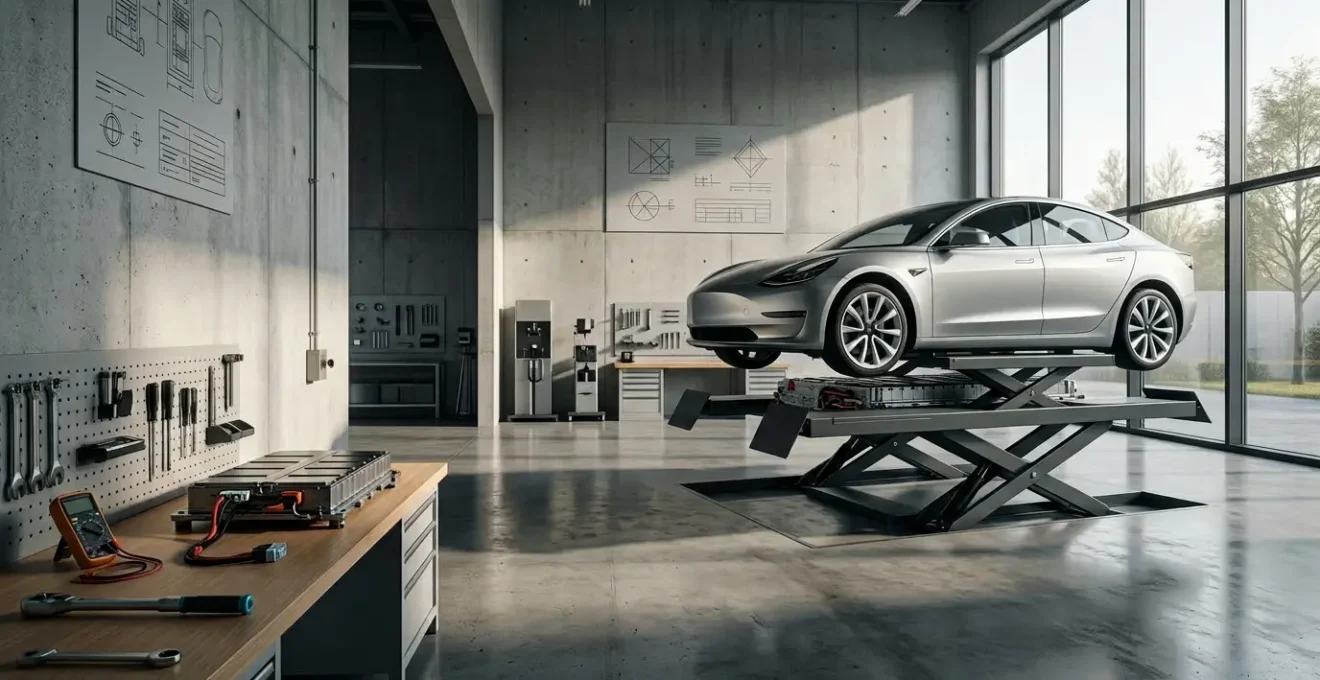 Vue d'un atelier de réparation automobile moderne avec une voiture électrique sur un pont élévateur et une batterie exposée