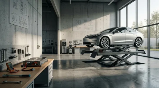 Vue d'un atelier de réparation automobile moderne avec une voiture électrique sur un pont élévateur et une batterie exposée