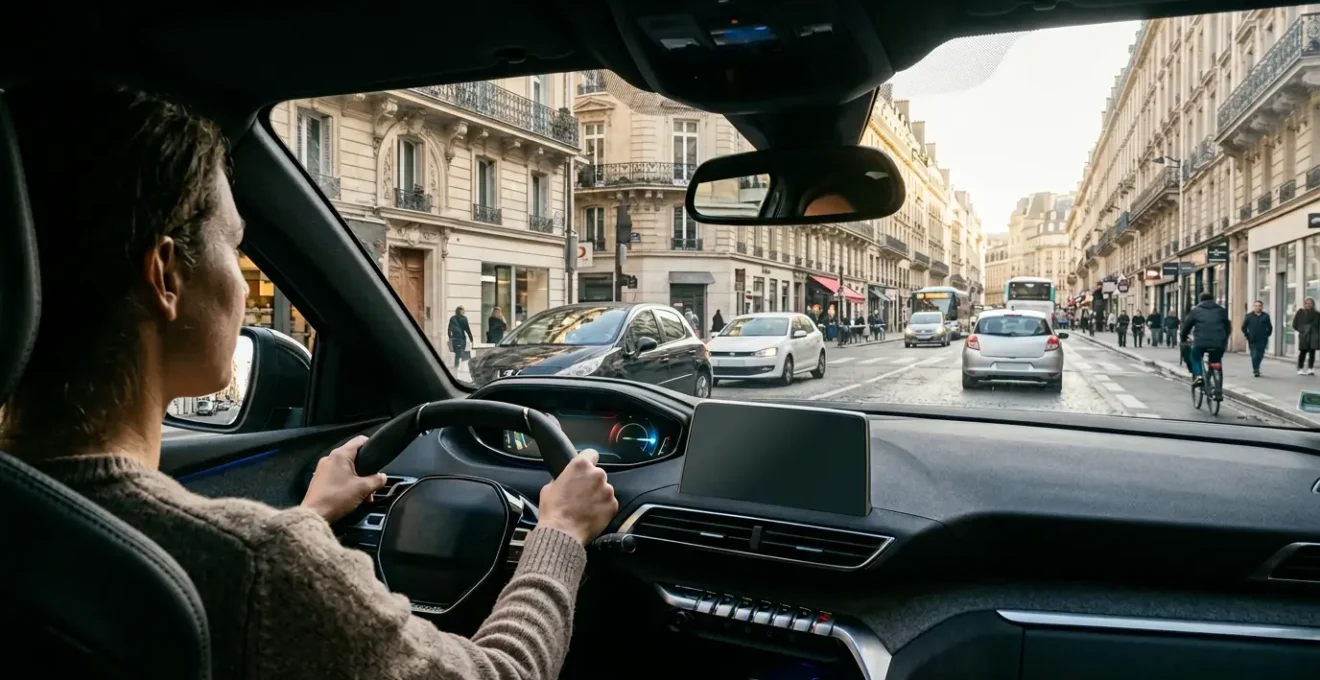 Position de conduite surélevée d'un crossover dans un environnement urbain dense avec vue dégagée sur la circulation