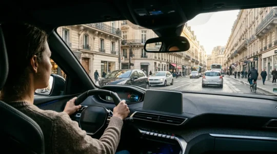 Position de conduite surélevée d'un crossover dans un environnement urbain dense avec vue dégagée sur la circulation
