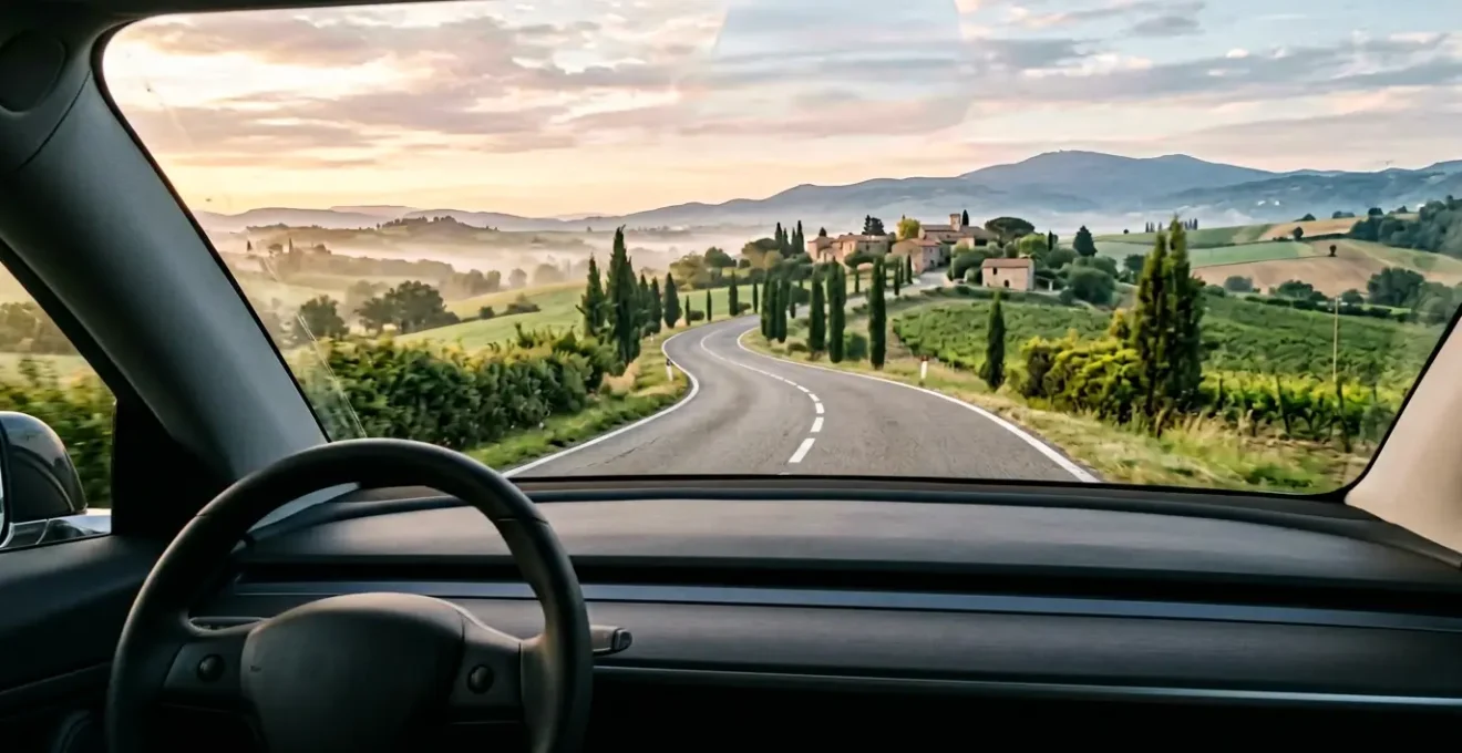 Dashcam installée sur un pare-brise avec vue sur une route française