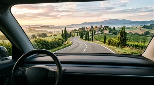 Dashcam installée sur un pare-brise avec vue sur une route française