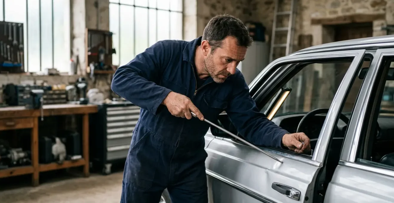 Artisan débosseleur travaillant sur une portière de voiture en France avec technique DSP