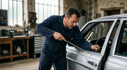 Artisan débosseleur travaillant sur une portière de voiture en France avec technique DSP