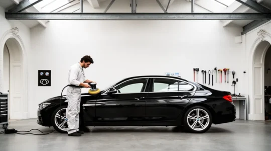 Détailleur professionnel polissant une voiture noire dans un atelier équipé