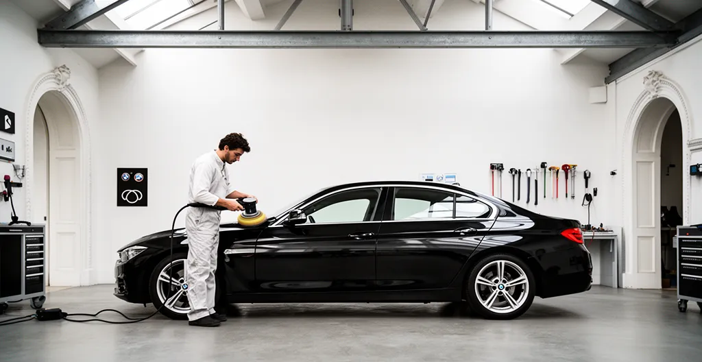 Détailleur professionnel polissant une voiture noire dans un atelier équipé