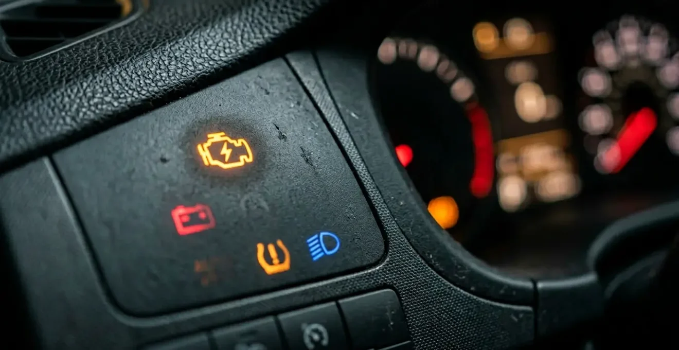 Tableau de bord d'une voiture moderne avec voyants électroniques allumés et diagnostic en cours