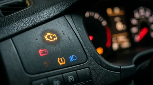 Tableau de bord d'une voiture moderne avec voyants électroniques allumés et diagnostic en cours
