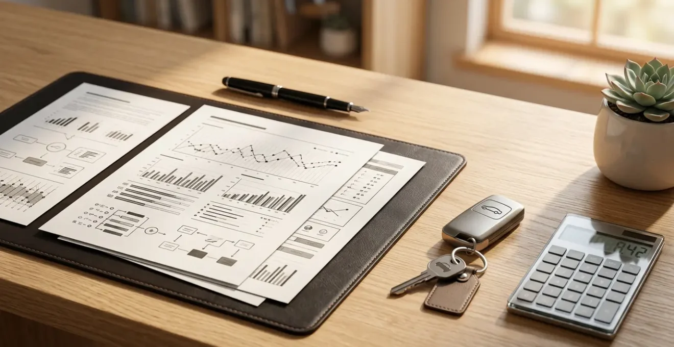 Documents d'entretien automobile organisés sur bureau avec clés de voiture et calculatrice