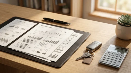 Documents d'entretien automobile organisés sur bureau avec clés de voiture et calculatrice