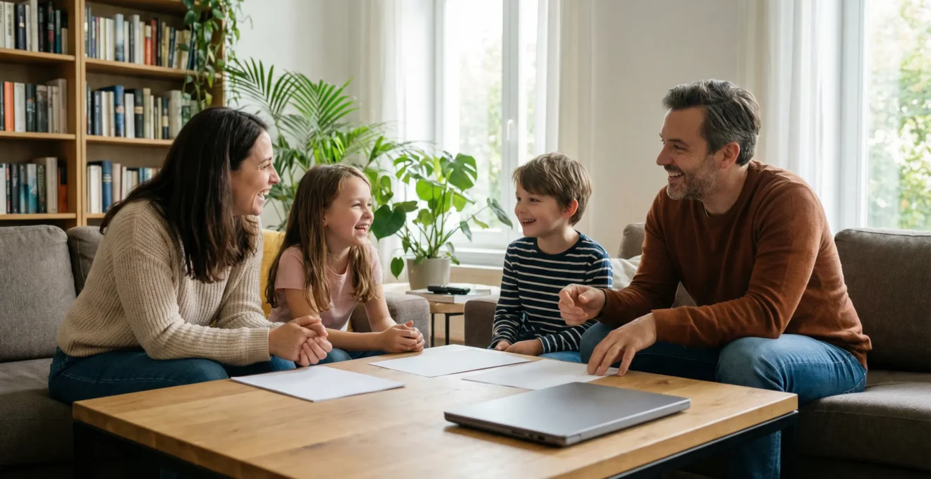Famille réunie autour d'une table pour discuter création SCI familiale