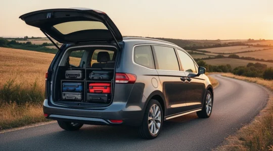 Famille chargeant des bagages dans un monospace 7 places spacieux avec coffre ouvert