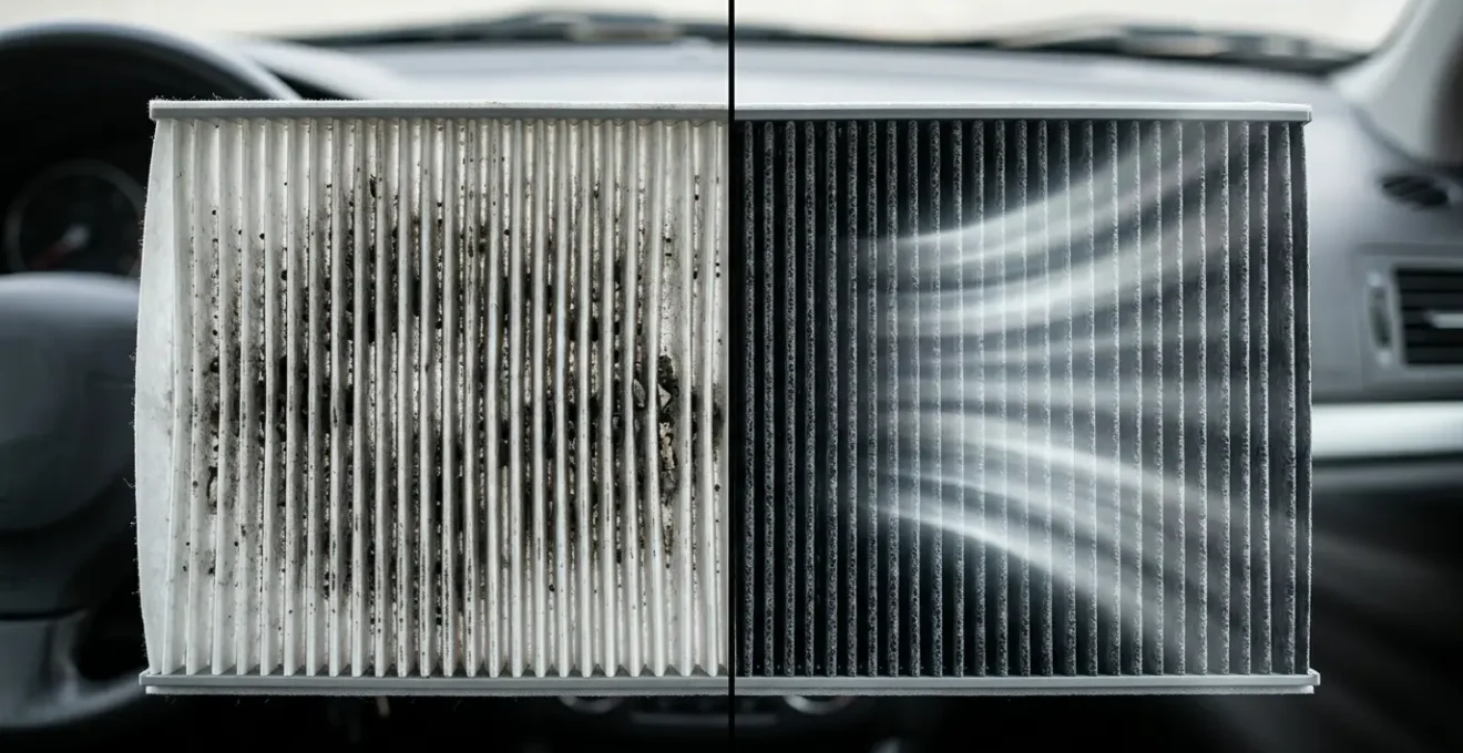 Filtre habitacle charbon actif et filtre standard comparés pour illustrer la protection des poumons