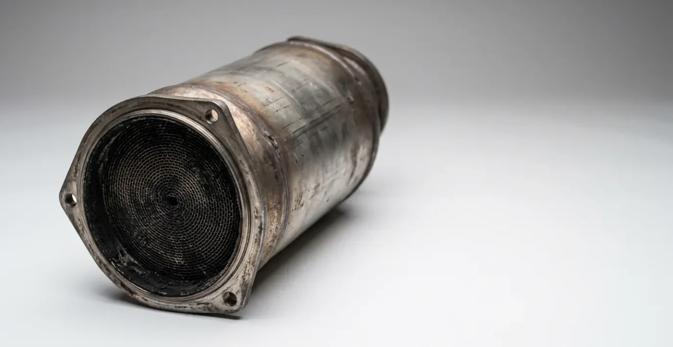 Filtre à particules encrassé sur ligne d'échappement d'un moteur diesel avec suie visible