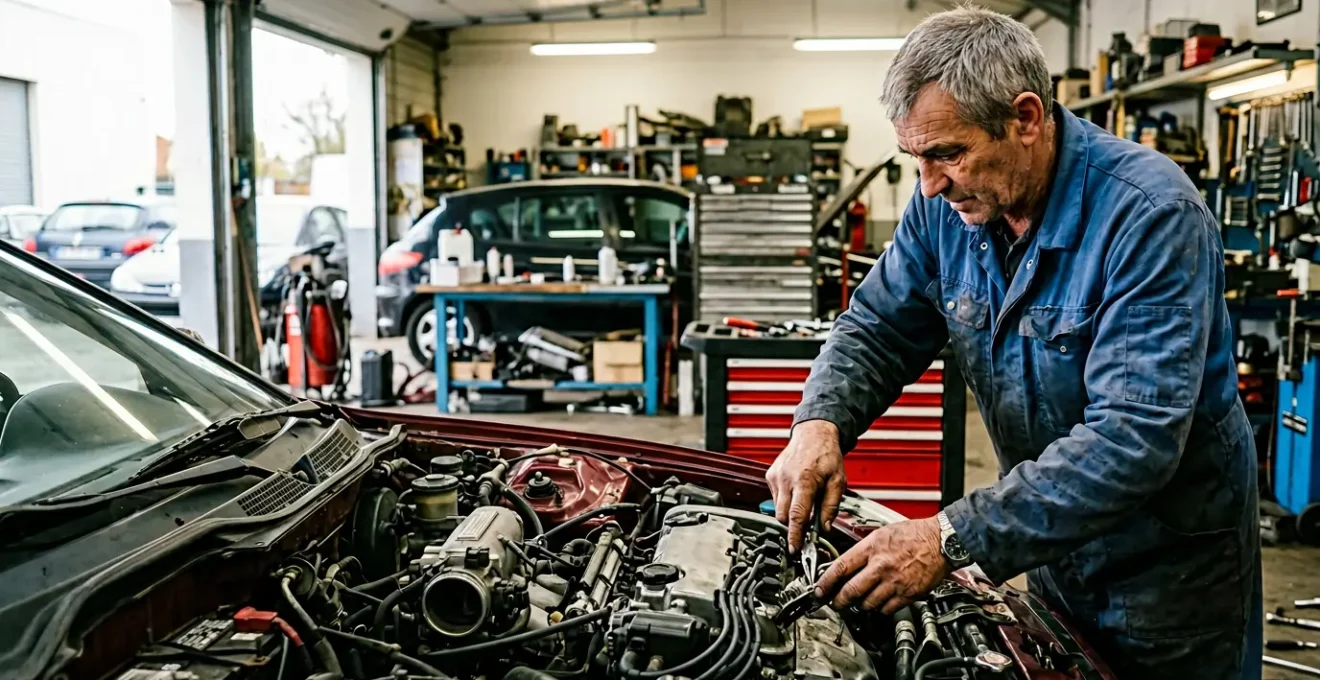 Moteur VTEC Honda Civic dans un atelier de réparation français avec mécanicien expérimenté