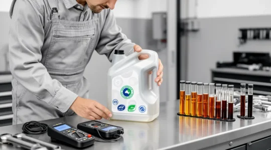 Mécanicien vérifiant les spécifications d'huile moteur sur un bidon avec étiquettes de normes