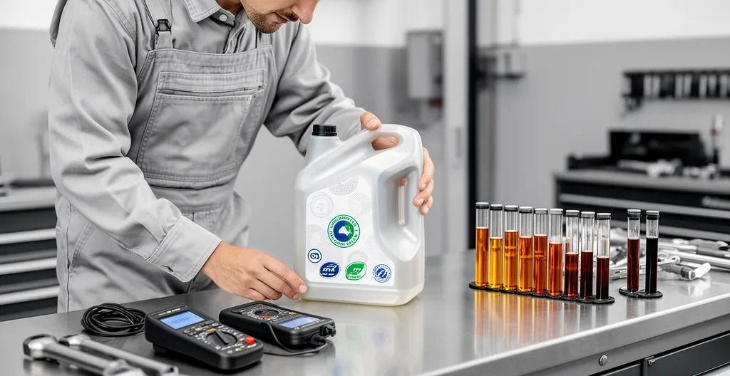 Mécanicien vérifiant les spécifications d'huile moteur sur un bidon avec étiquettes de normes