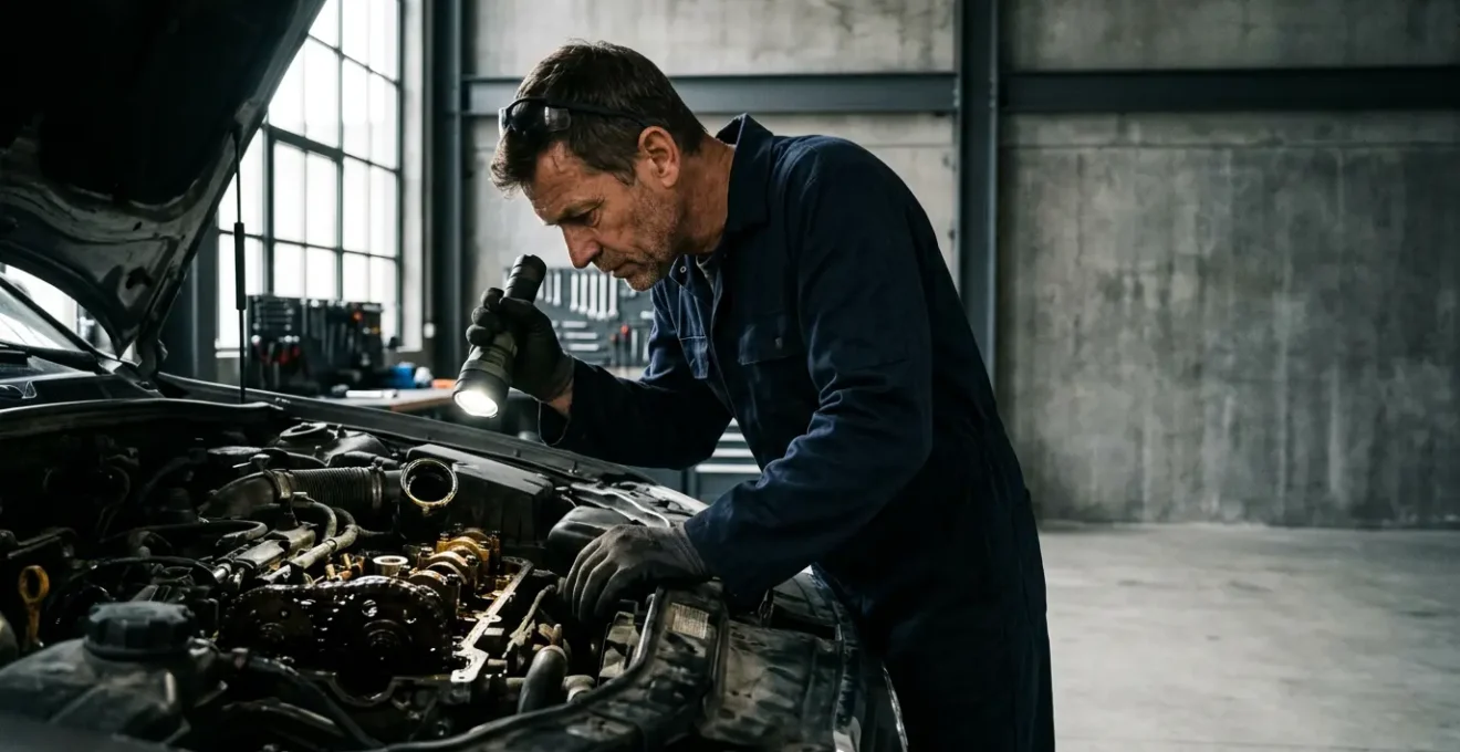 Mécanicien expert inspectant l'intérieur d'un moteur avec une lampe torche, révélant la courroie de distribution dans le carter d'huile