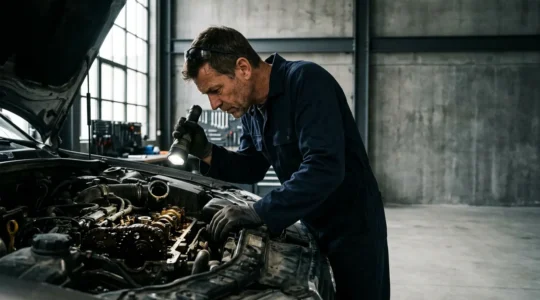 Mécanicien expert inspectant l'intérieur d'un moteur avec une lampe torche, révélant la courroie de distribution dans le carter d'huile