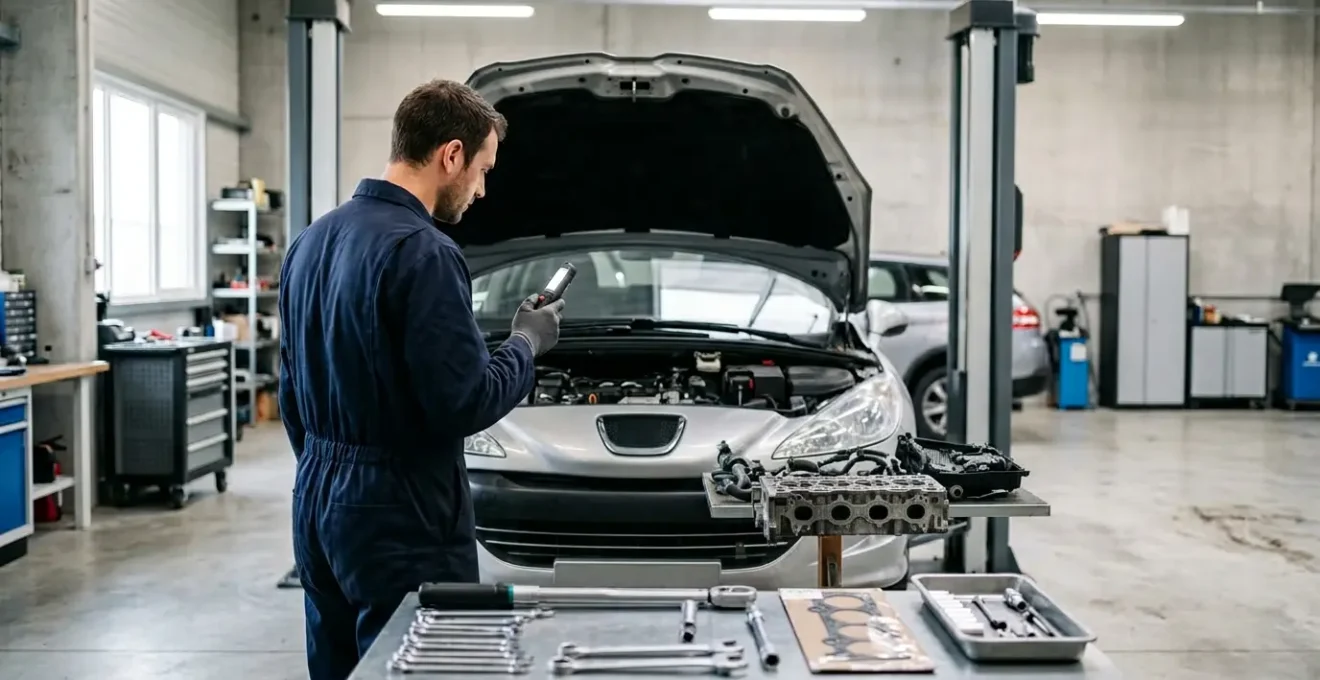 Vue rapprochée d'un mécanicien inspectant un joint de culasse dans un garage automobile français