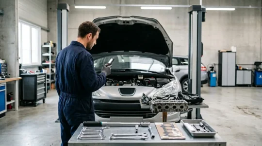 Vue rapprochée d'un mécanicien inspectant un joint de culasse dans un garage automobile français