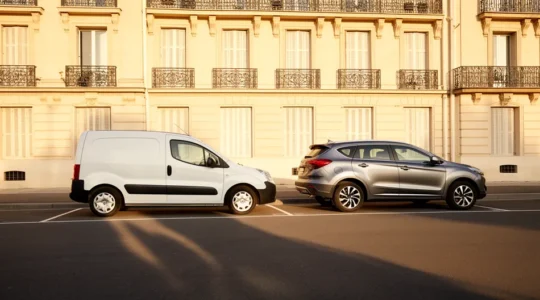 Comparaison visuelle entre un ludospace familial spacieux et un SUV moderne dans un environnement urbain français